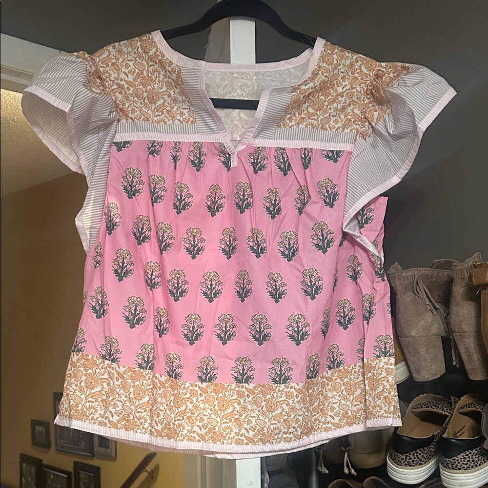 Pink and Tan Floral Blouse